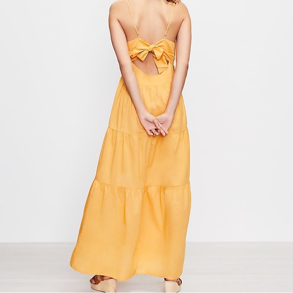 LOFT Beach NWT Size Large Marigold Yellow Open Tie Back Tiered Maxi Dress 3201 - Picture 2 of 11